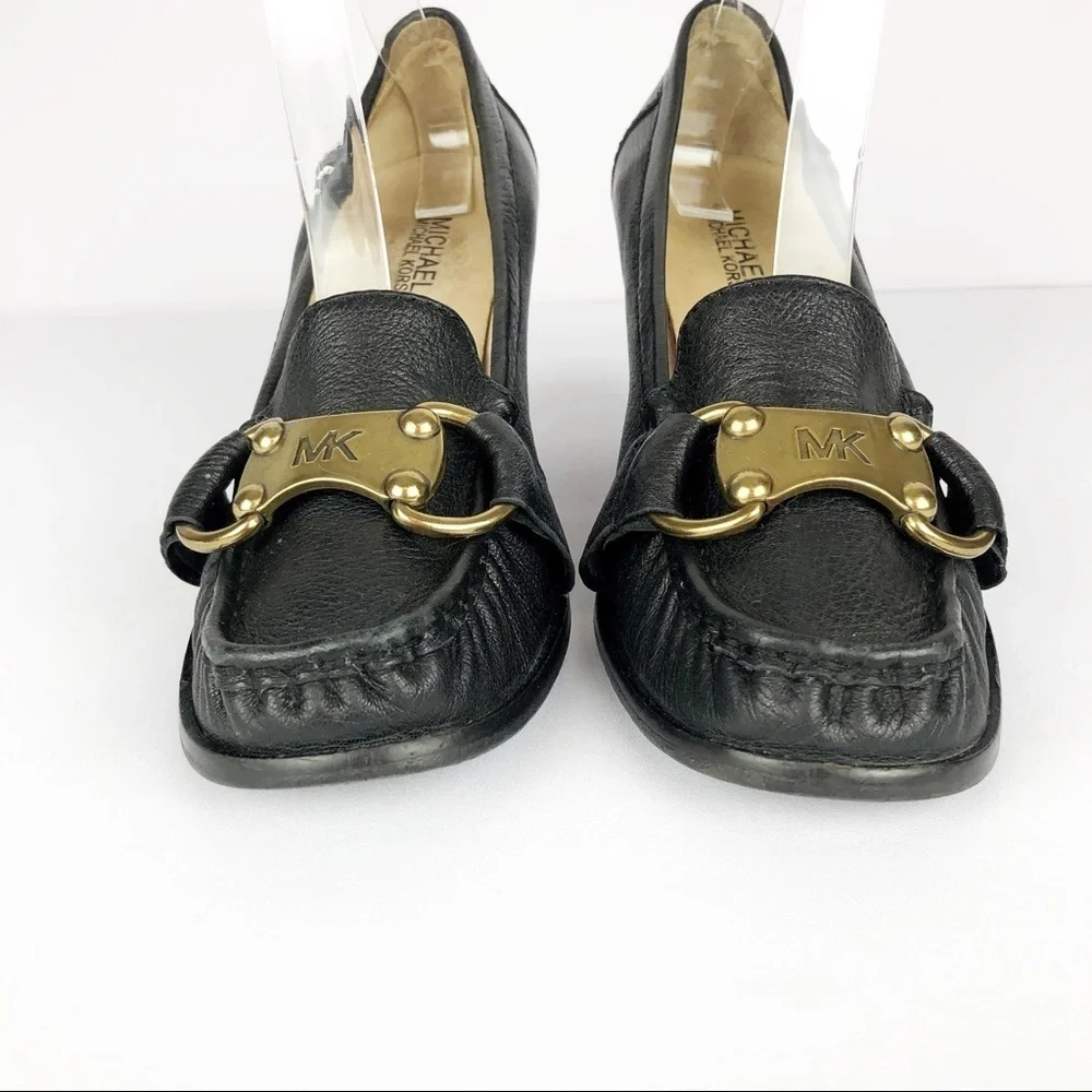 Michael Kors Leather Wooden Stacked Wedge Loafers With Gold Timed Logo Plate 8.5